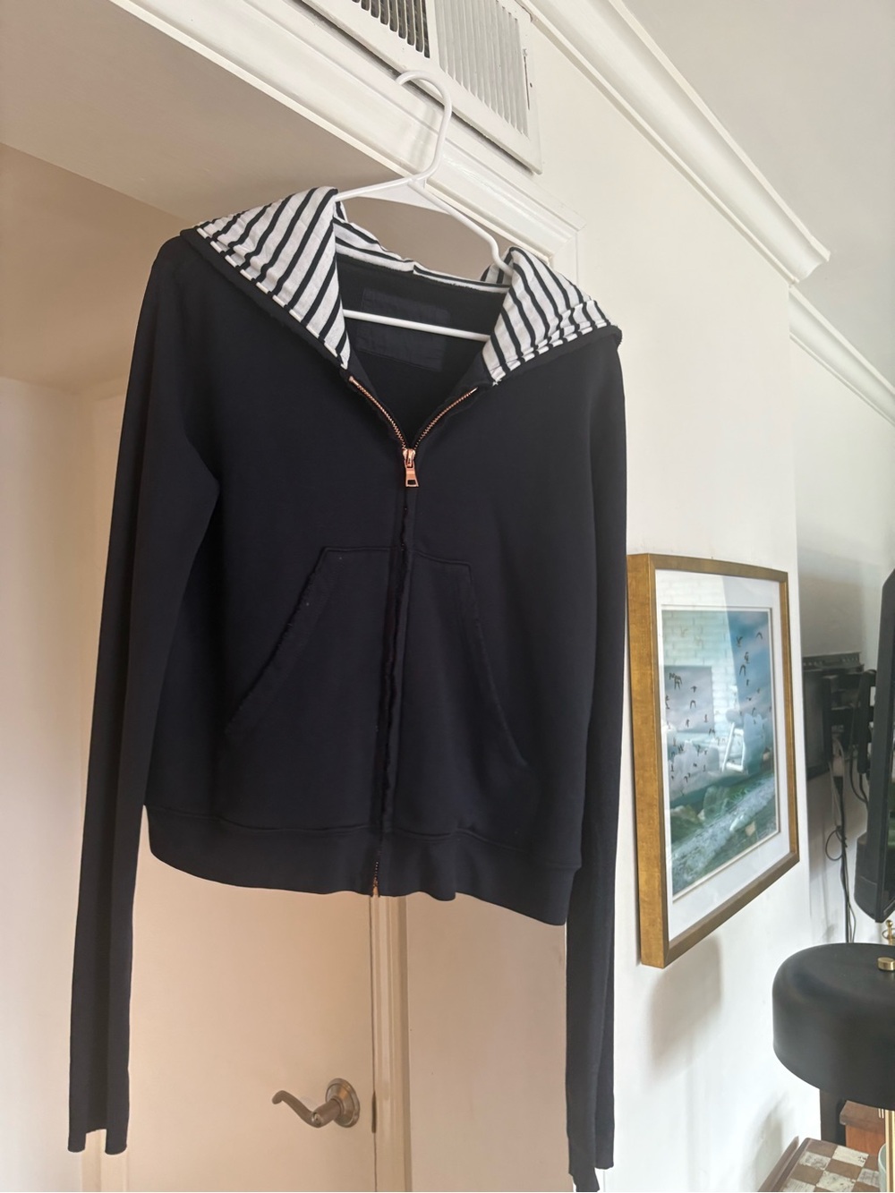 Frank & Eileen Black Zip Hoodie with Striped Hood Lining